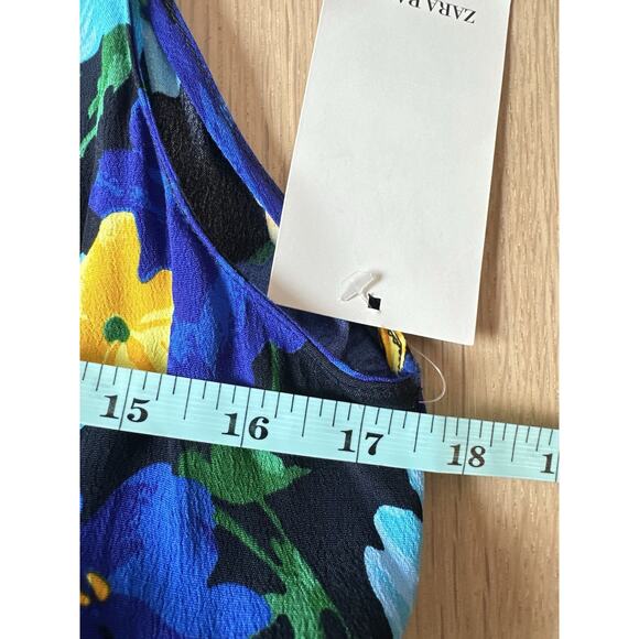 NWT Womens Zara Blue Flower Pattern Dress Elasticated Waisted V Front Large 2181 - Picture 8 of 8